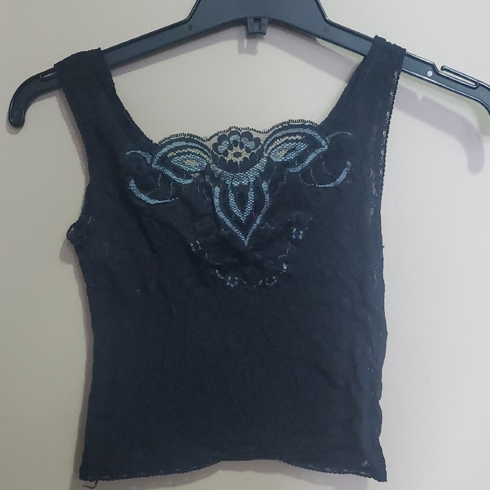Elegant Black Lace Top with Blue Embroidery Size Medium